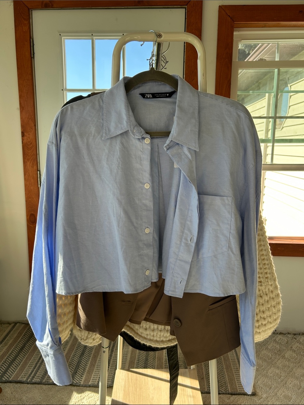 Zara Pale Blue Cropped Button-Up Shirt